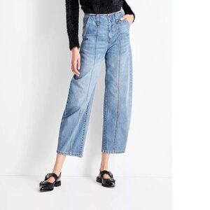 Future Collective Mid Rise Barrel Leg Ankle Medium Wash Denim Jeans Size 14